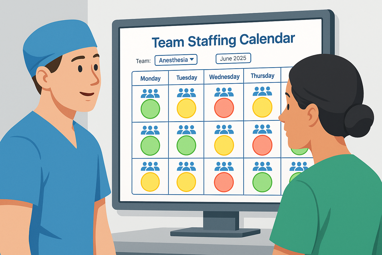 Team staffing calendar providing clarity for clinical leaders with color-coded status indicators